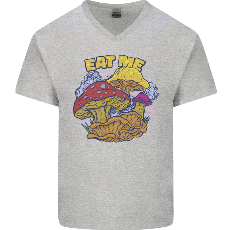 Eat Me Mushroom Fungi Mycology Mens V-Neck Cotton T-Shirt Sports Grey