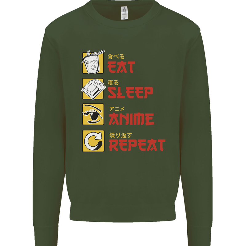 Eat Sleep Anime Repeat Kids Sweatshirt Jumper Forest Green