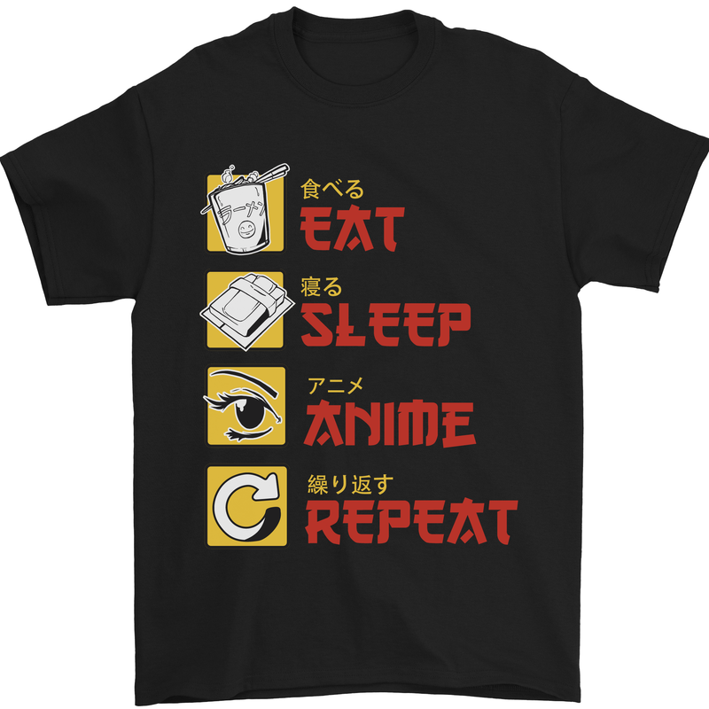 Eat Sleep Anime Repeat Mens T-Shirt 100% Cotton Black