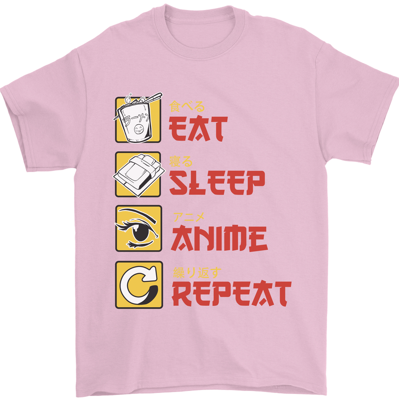 Eat Sleep Anime Repeat Mens T-Shirt 100% Cotton Light Pink