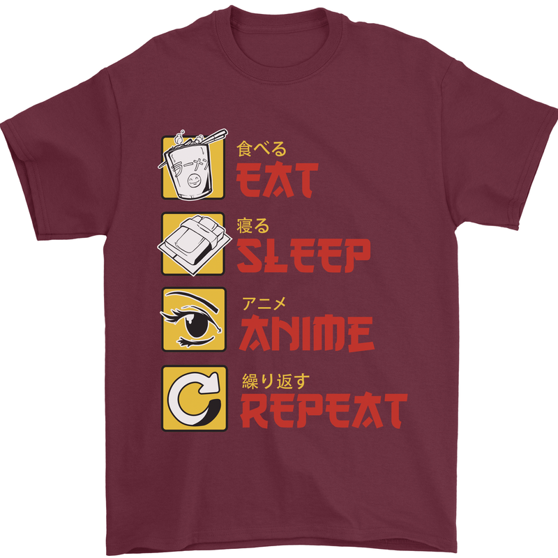 Eat Sleep Anime Repeat Mens T-Shirt 100% Cotton Maroon