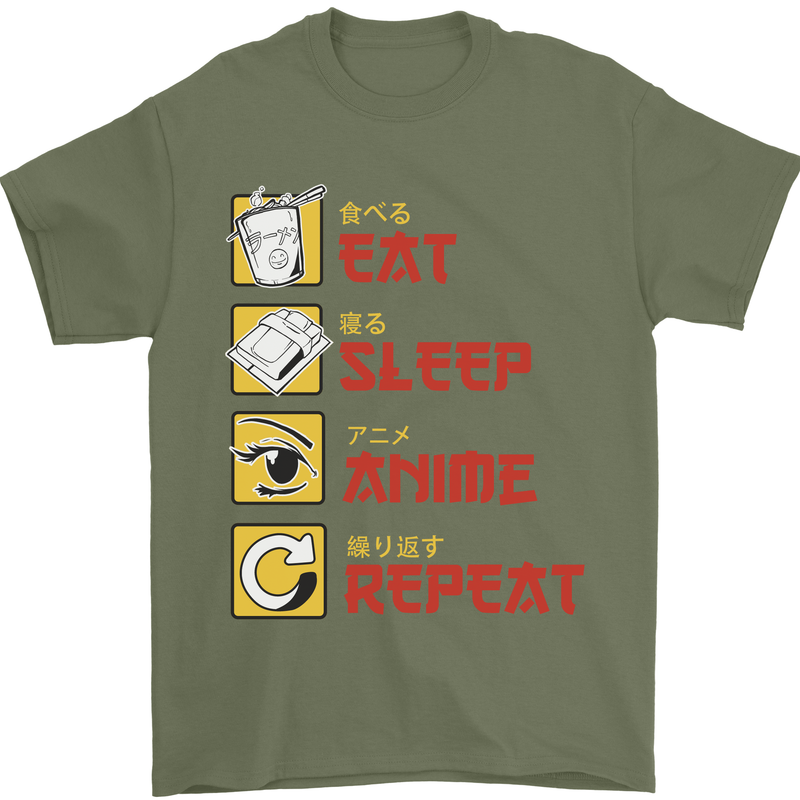 Eat Sleep Anime Repeat Mens T-Shirt 100% Cotton Military Green