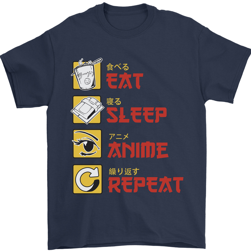Eat Sleep Anime Repeat Mens T-Shirt 100% Cotton Navy Blue