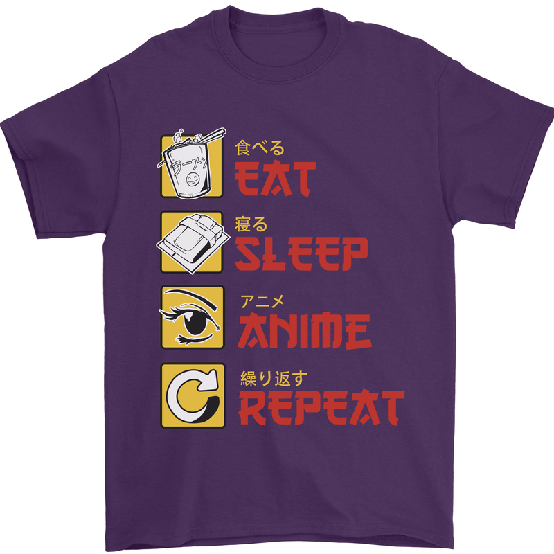Eat Sleep Anime Repeat Mens T-Shirt 100% Cotton Purple