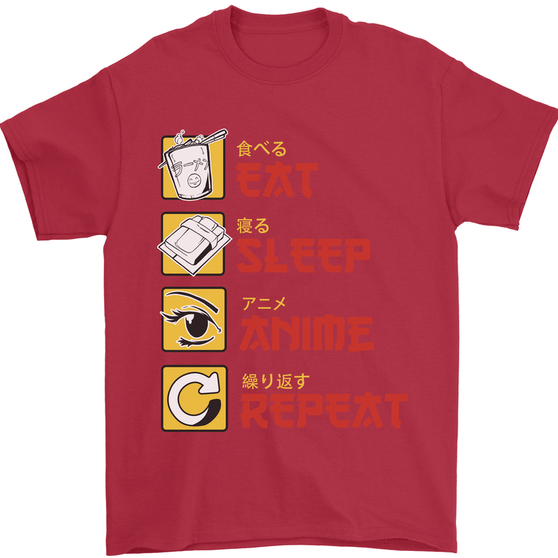 Eat Sleep Anime Repeat Mens T-Shirt 100% Cotton Red