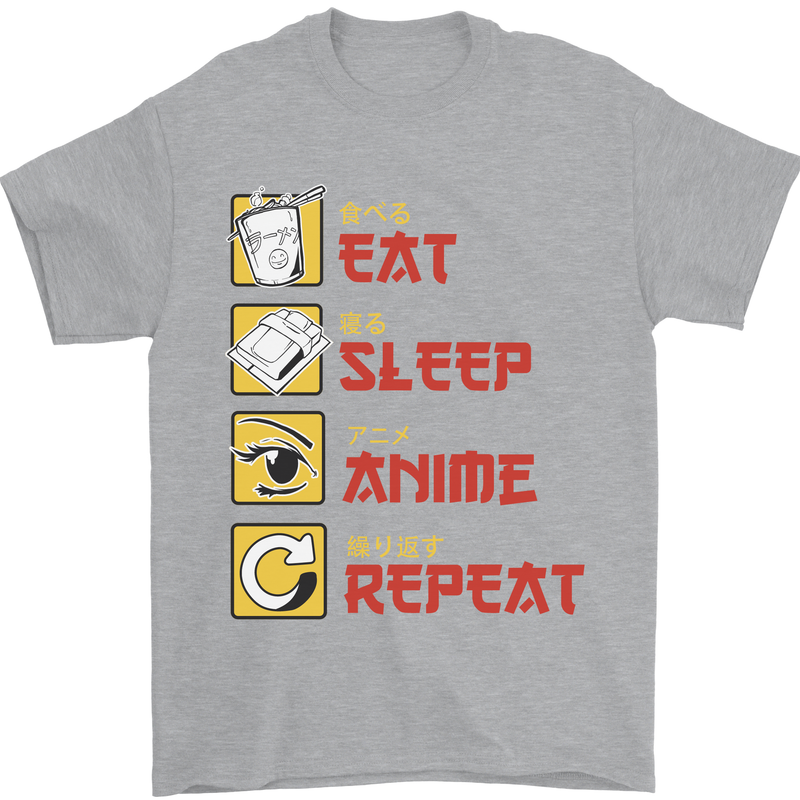 Eat Sleep Anime Repeat Mens T-Shirt 100% Cotton Sports Grey