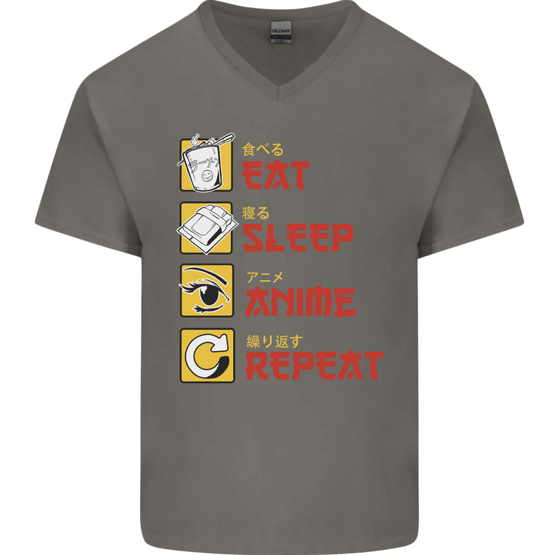 Eat Sleep Anime Repeat Mens V-Neck Cotton T-Shirt Charcoal