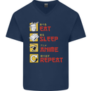 Eat Sleep Anime Repeat Mens V-Neck Cotton T-Shirt Navy Blue