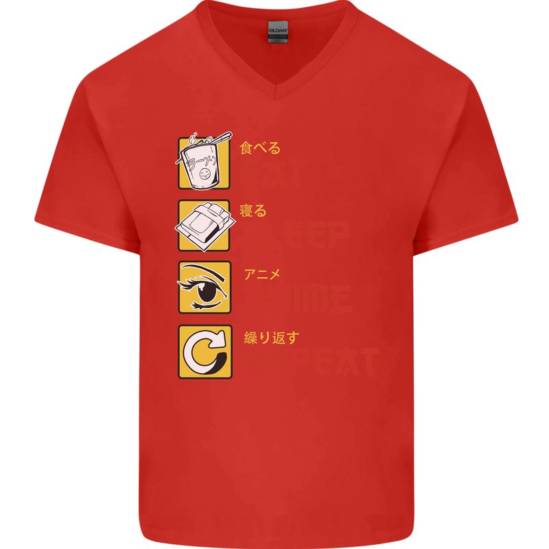 Eat Sleep Anime Repeat Mens V-Neck Cotton T-Shirt Red