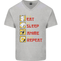 Eat Sleep Anime Repeat Mens V-Neck Cotton T-Shirt Sports Grey