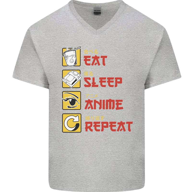 Eat Sleep Anime Repeat Mens V-Neck Cotton T-Shirt Sports Grey