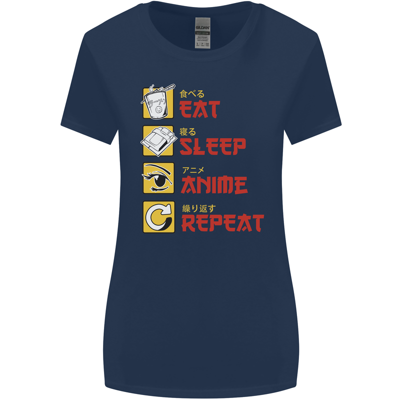 Eat Sleep Anime Repeat Womens Wider Cut T-Shirt Navy Blue