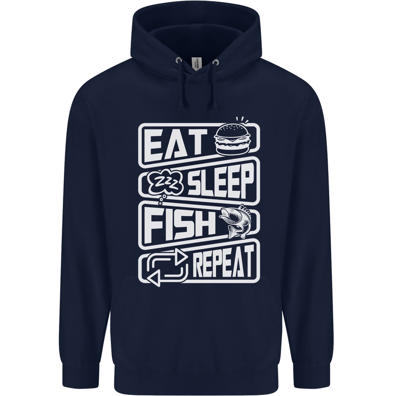 Eat Sleep Fish Funny Fishing Fisherman Childrens Kids Hoodie Navy Blue