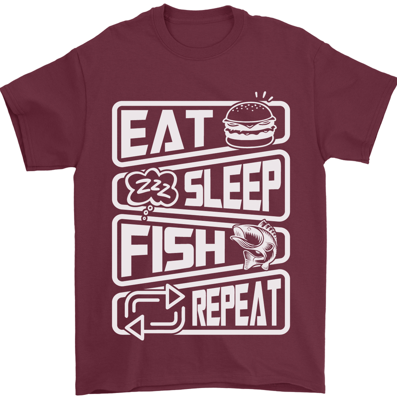 Eat Sleep Fish Funny Fishing Fisherman Mens T-Shirt Cotton Gildan Maroon