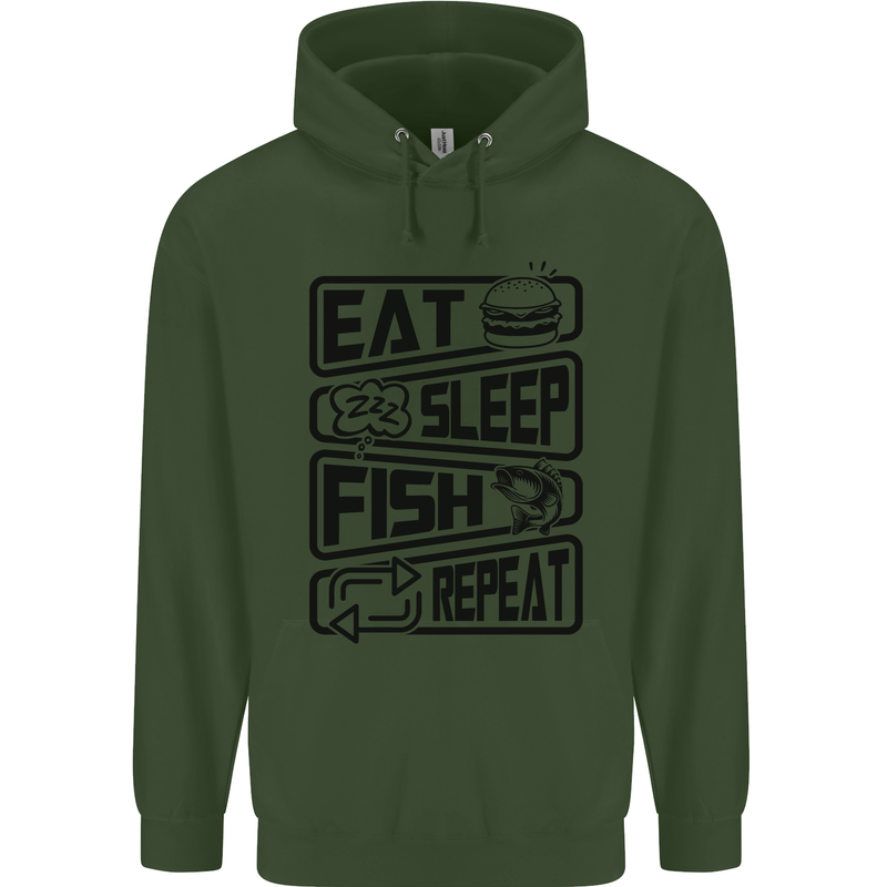 Eat Sleep Fish Repeat Funny Fishing Childrens Kids Hoodie Forest Green