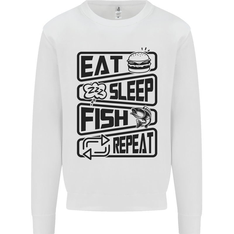 Eat Sleep Fish Repeat Funny Fishing Kids Sweatshirt Jumper White