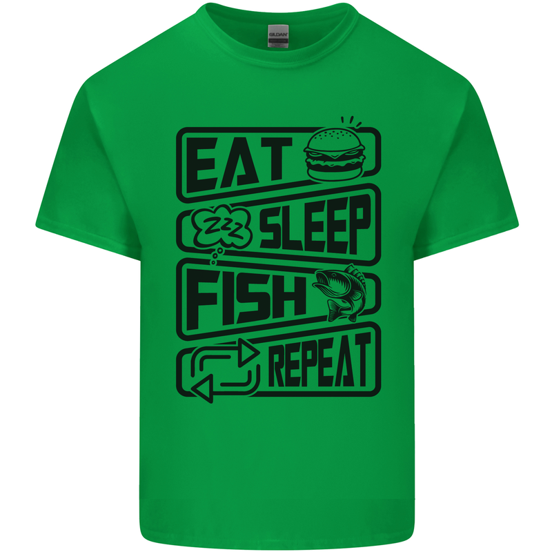 Eat Sleep Fish Repeat Funny Fishing Mens Cotton T-Shirt Tee Top Irish Green