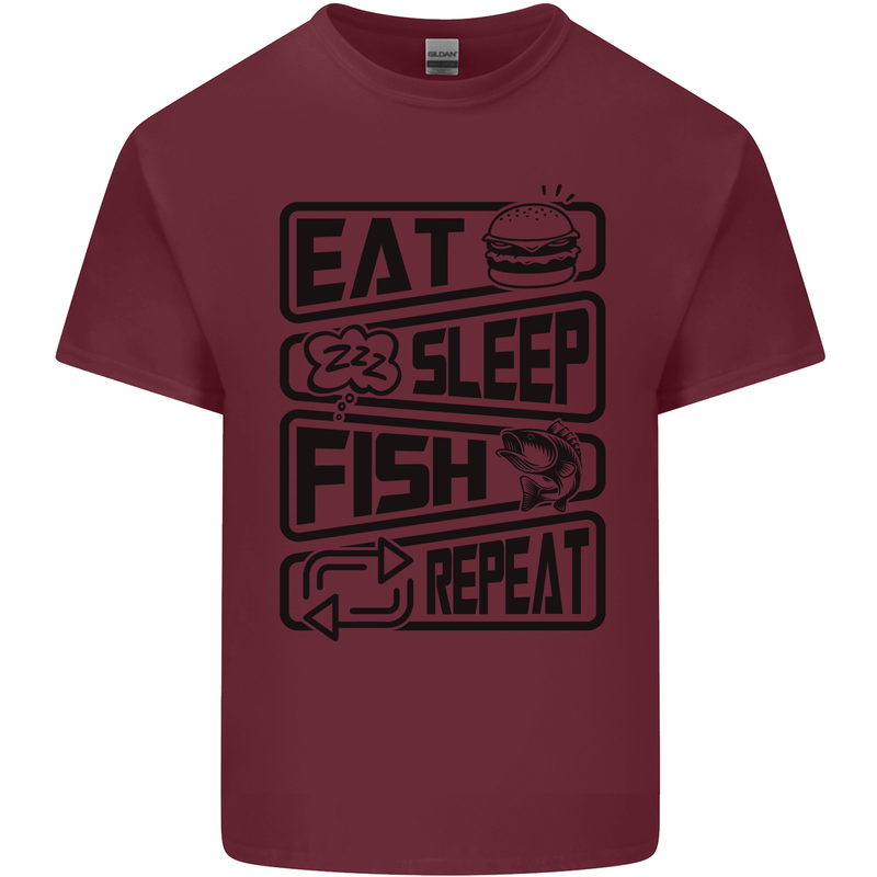 Eat Sleep Fish Repeat Funny Fishing Mens Cotton T-Shirt Tee Top Maroon