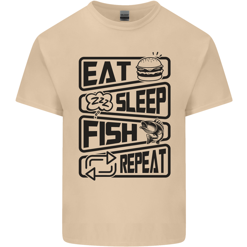 Eat Sleep Fish Repeat Funny Fishing Mens Cotton T-Shirt Tee Top Sand