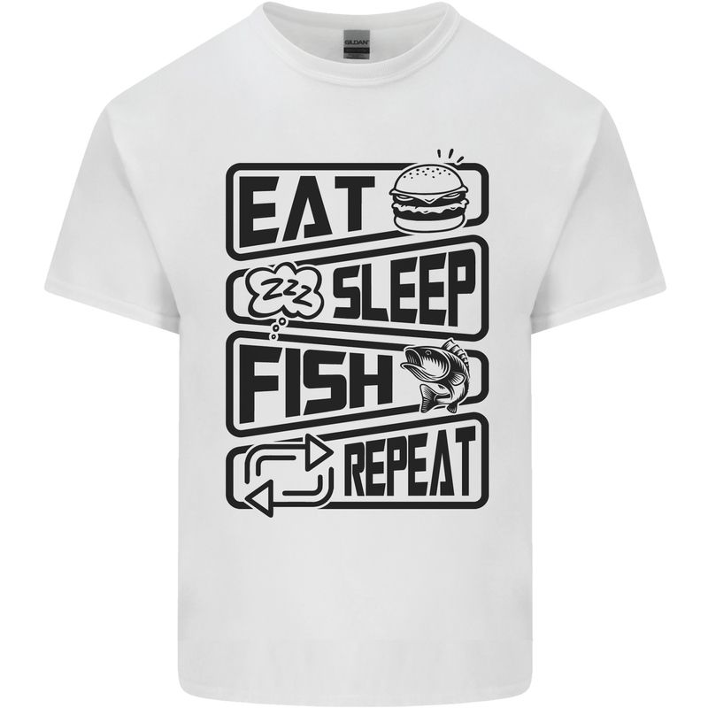 Eat Sleep Fish Repeat Funny Fishing Mens Cotton T-Shirt Tee Top White