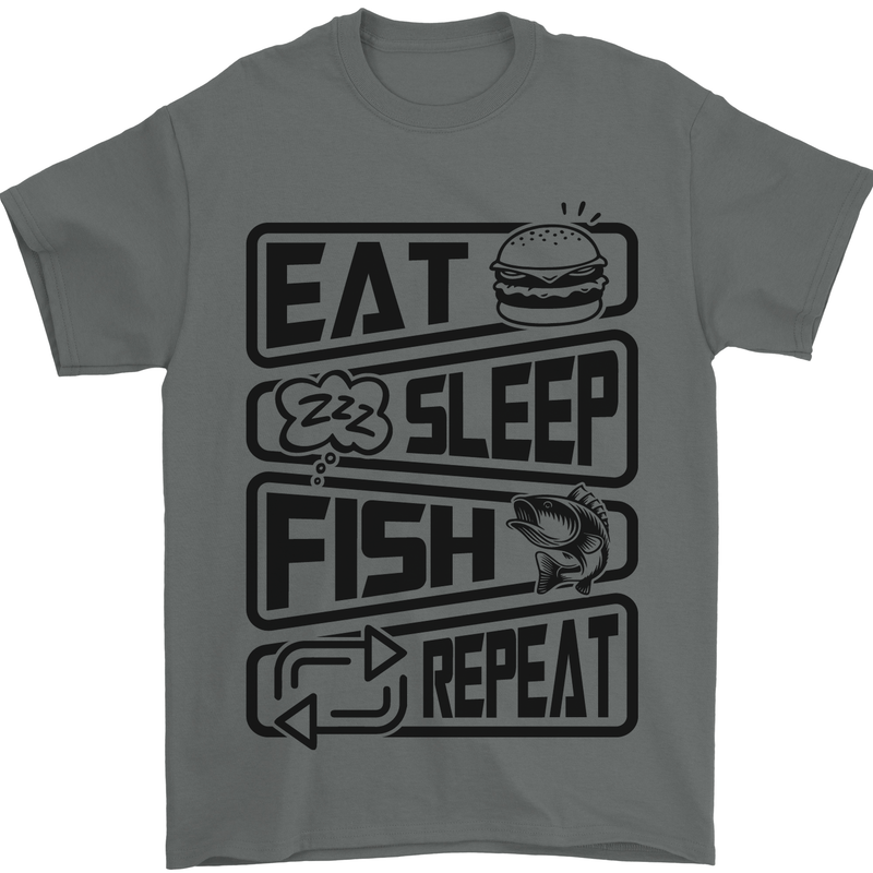 Eat Sleep Fish Repeat Funny Fishing Mens T-Shirt Cotton Gildan Charcoal