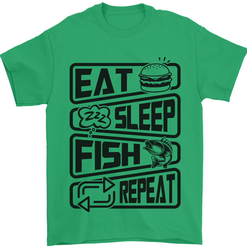 Eat Sleep Fish Repeat Funny Fishing Mens T-Shirt Cotton Gildan Irish Green