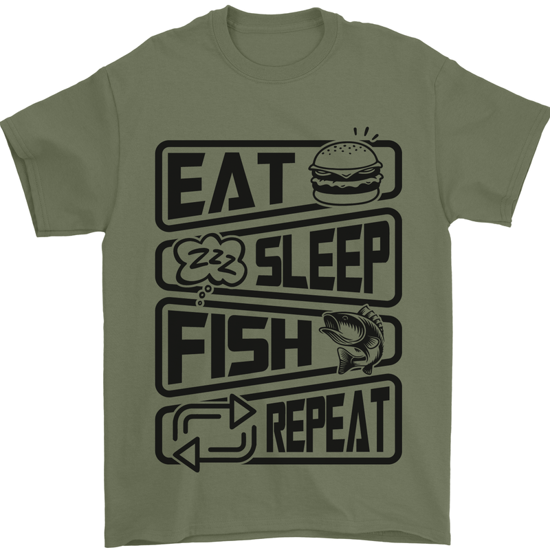 Eat Sleep Fish Repeat Funny Fishing Mens T-Shirt Cotton Gildan Military Green
