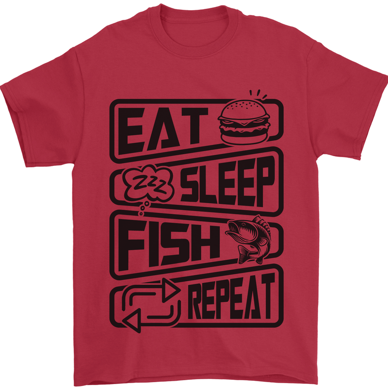 Eat Sleep Fish Repeat Funny Fishing Mens T-Shirt Cotton Gildan Red