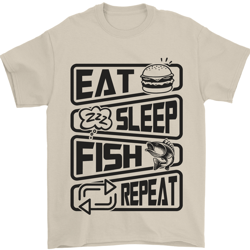 Eat Sleep Fish Repeat Funny Fishing Mens T-Shirt Cotton Gildan Sand