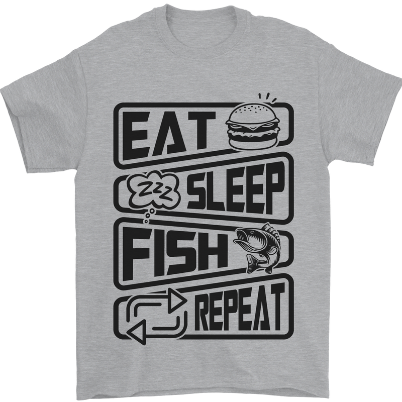 Eat Sleep Fish Repeat Funny Fishing Mens T-Shirt Cotton Gildan Sports Grey