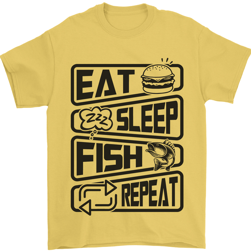 Eat Sleep Fish Repeat Funny Fishing Mens T-Shirt Cotton Gildan Yellow