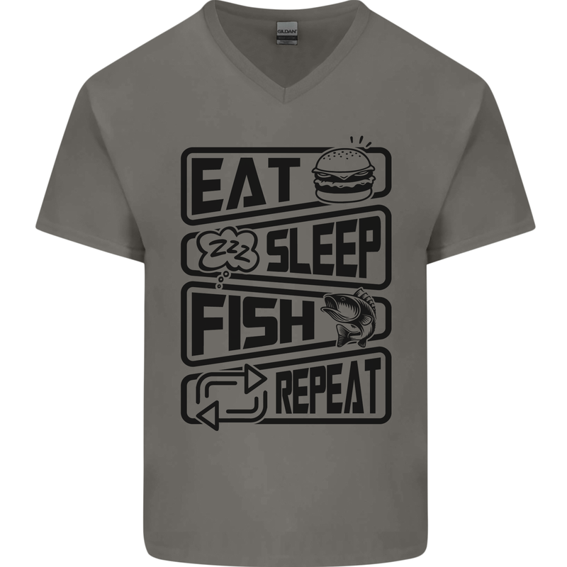 Eat Sleep Fish Repeat Funny Fishing Mens V-Neck Cotton T-Shirt Charcoal