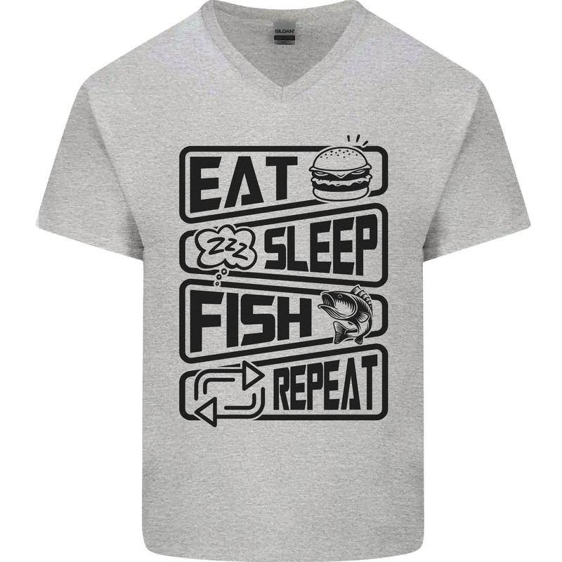 Eat Sleep Fish Repeat Funny Fishing Mens V-Neck Cotton T-Shirt Sports Grey