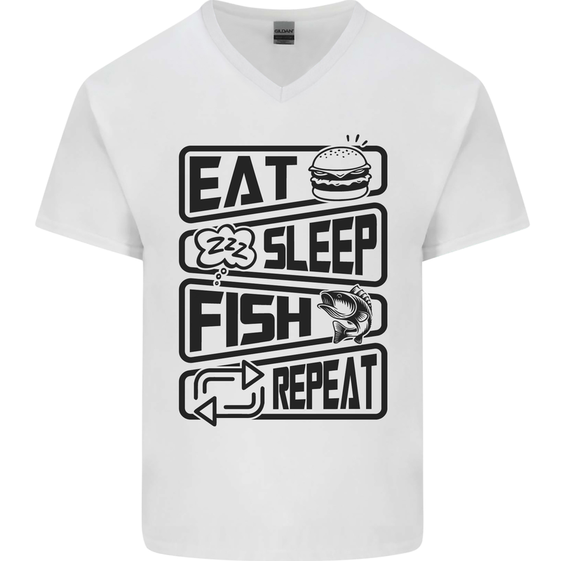 Eat Sleep Fish Repeat Funny Fishing Mens V-Neck Cotton T-Shirt White
