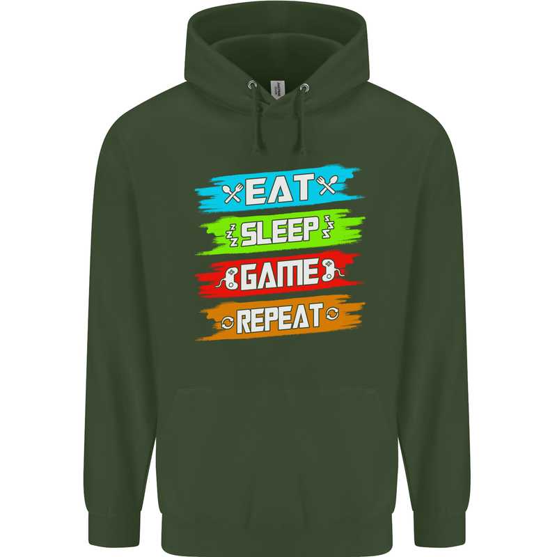 Eat Sleep Game Funny Gamer Gamming Childrens Kids Hoodie Forest Green