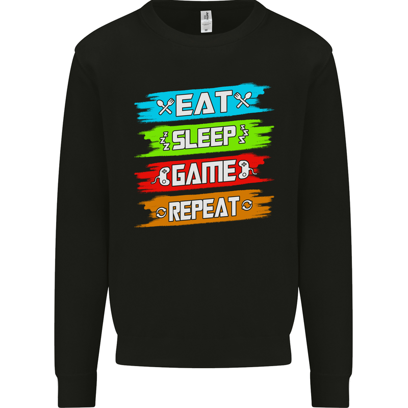 Eat Sleep Game Funny Gamer Gamming Kids Sweatshirt Jumper Black
