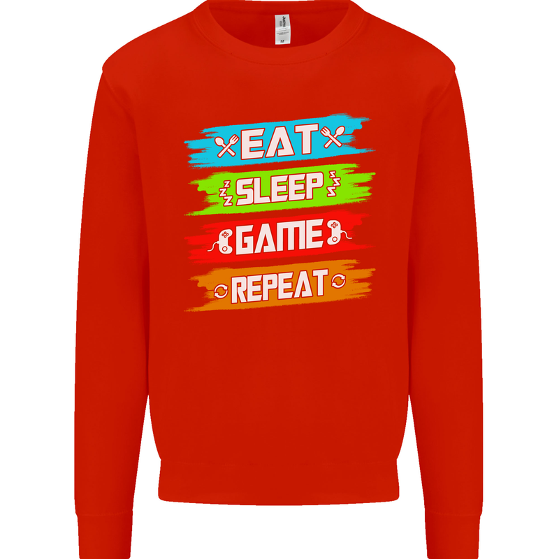 Eat Sleep Game Funny Gamer Gamming Kids Sweatshirt Jumper Bright Red