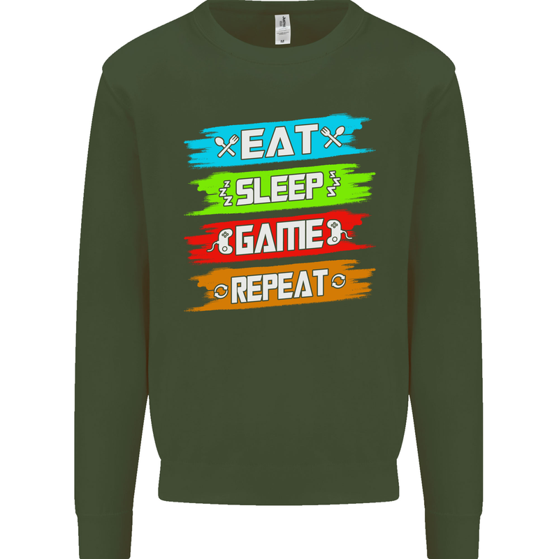 Eat Sleep Game Funny Gamer Gamming Kids Sweatshirt Jumper Forest Green