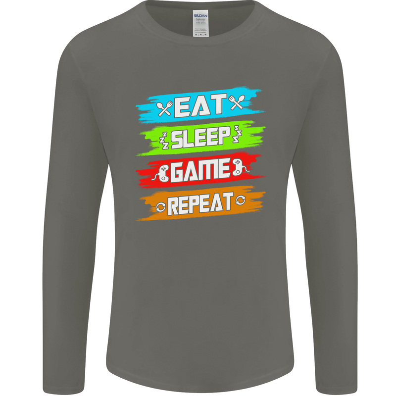 Eat Sleep Game Funny Gamer Gamming Mens Long Sleeve T-Shirt Charcoal