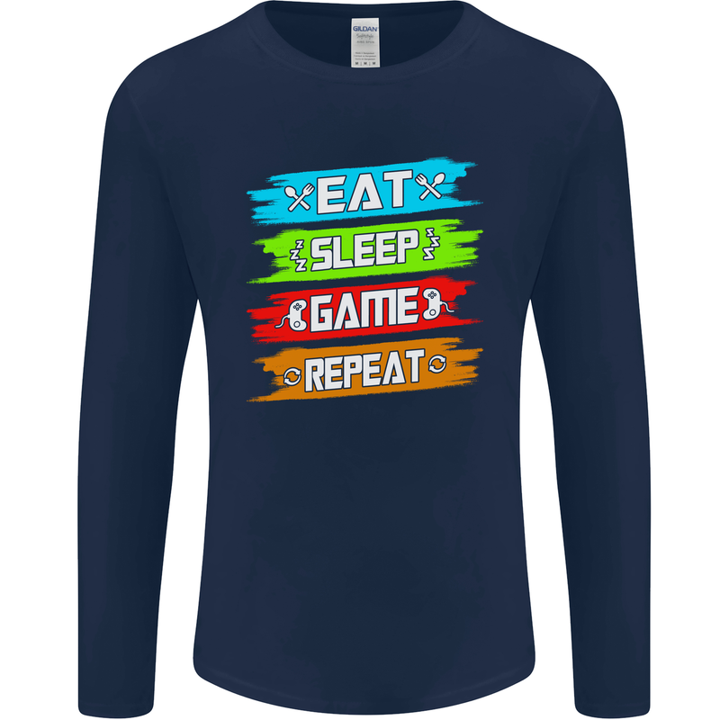 Eat Sleep Game Funny Gamer Gamming Mens Long Sleeve T-Shirt Navy Blue