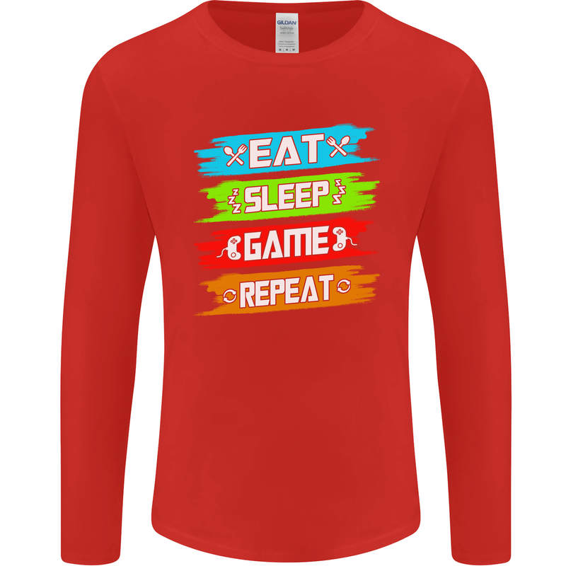 Eat Sleep Game Funny Gamer Gamming Mens Long Sleeve T-Shirt Red