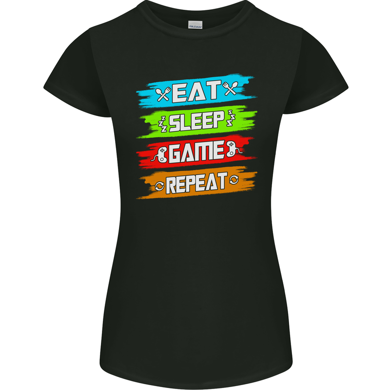 Eat Sleep Game Funny Gamer Gamming Womens Petite Cut T-Shirt Black