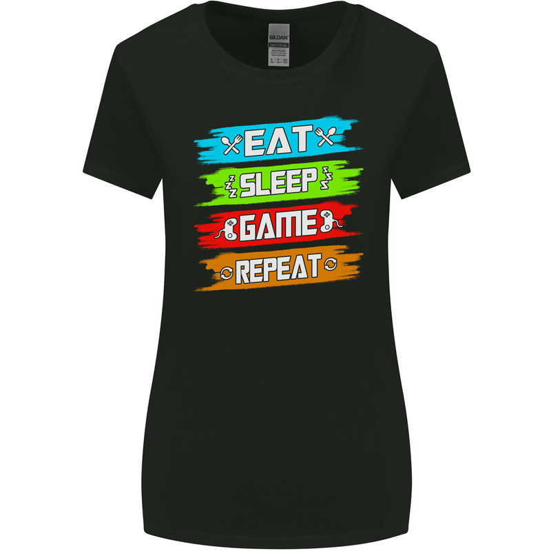 Eat Sleep Game Funny Gamer Gamming Womens Wider Cut T-Shirt Black
