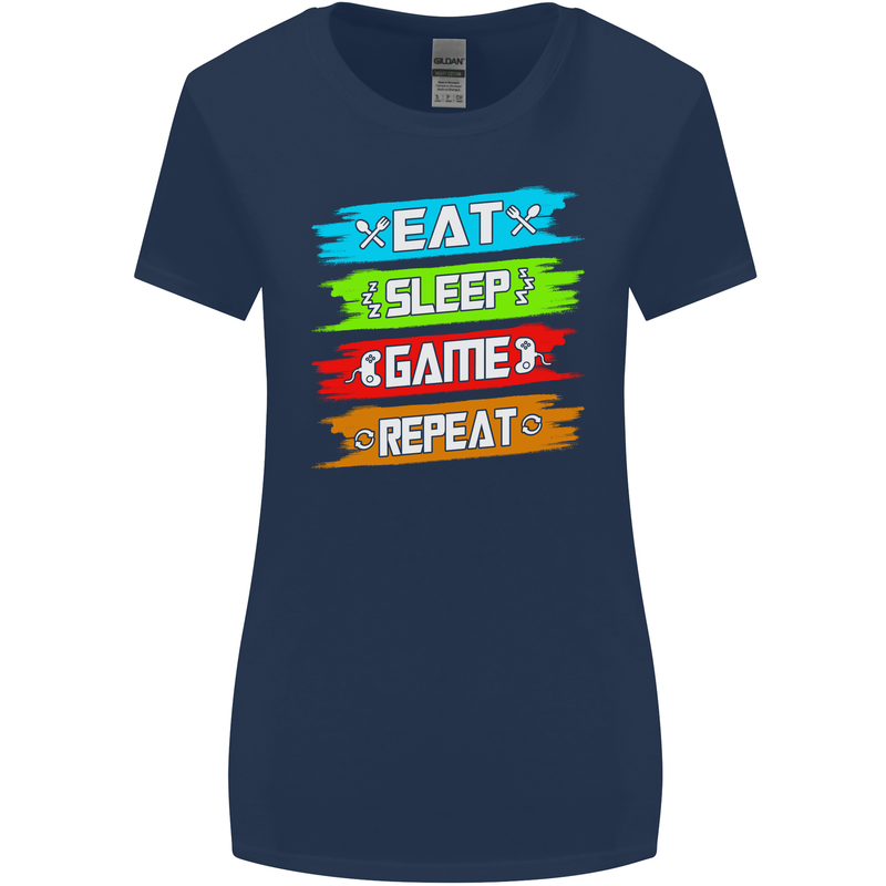 Eat Sleep Game Funny Gamer Gamming Womens Wider Cut T-Shirt Navy Blue