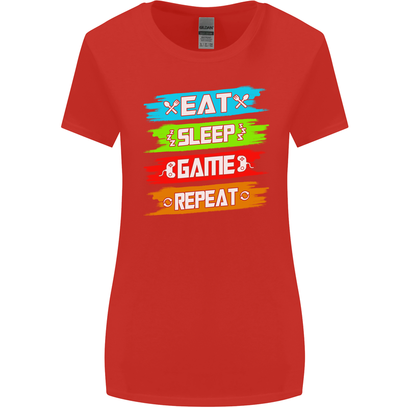 Eat Sleep Game Funny Gamer Gamming Womens Wider Cut T-Shirt Red