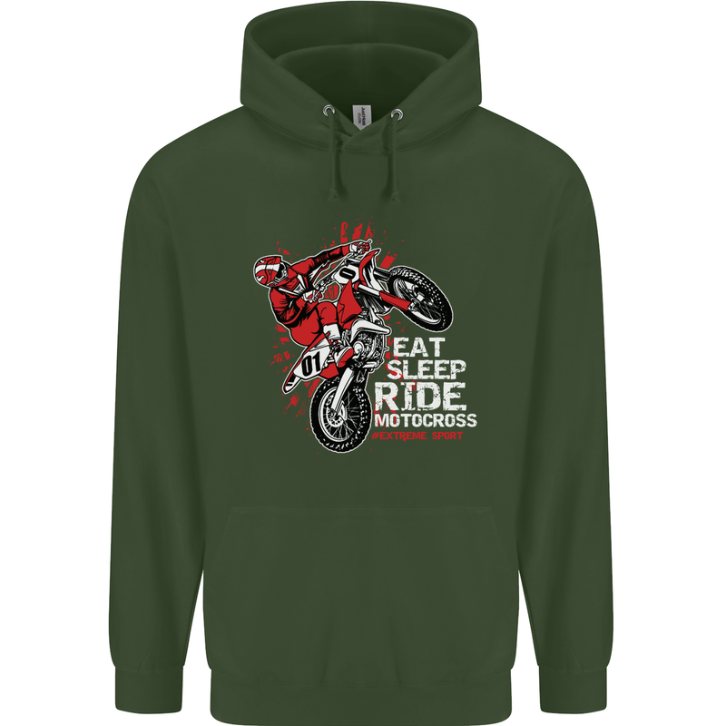 Eat Sleep Ride Motocross Dirt Bike MotoX Childrens Kids Hoodie Forest Green