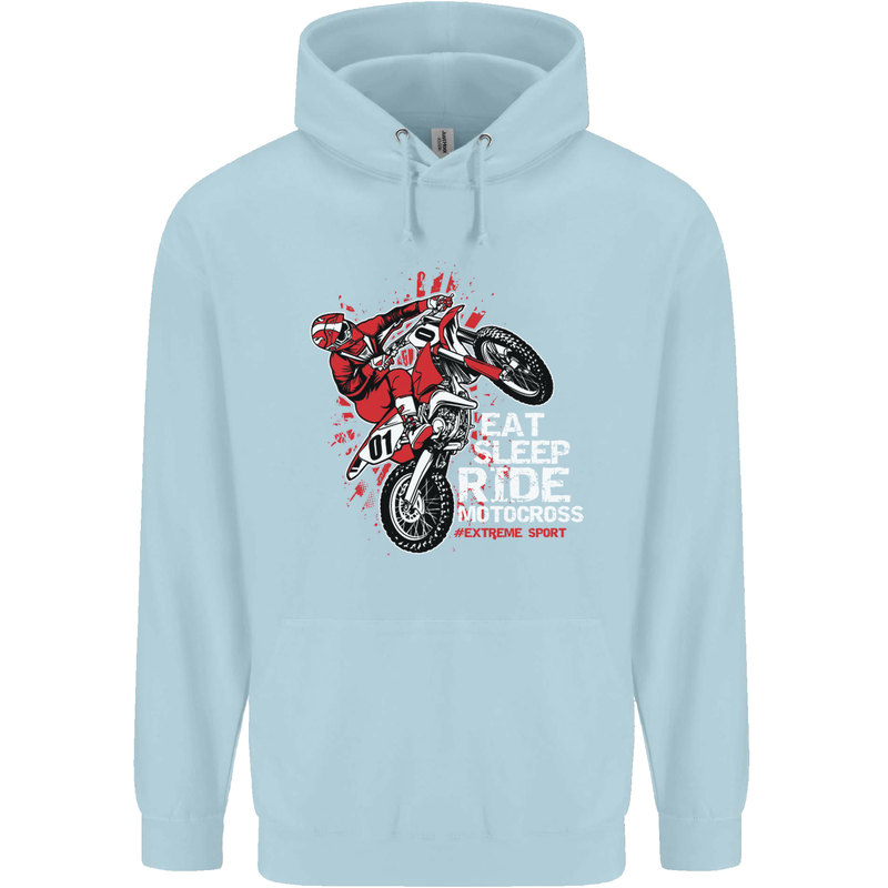 Eat Sleep Ride Motocross Dirt Bike MotoX Childrens Kids Hoodie Light Blue