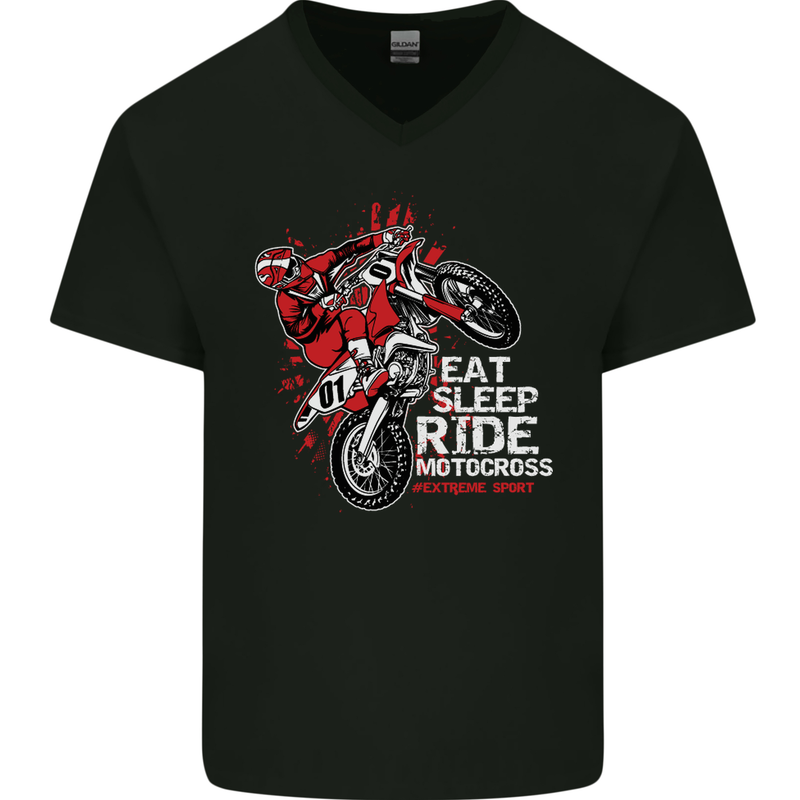 Eat Sleep Ride Motocross Dirt Bike MotoX Mens V-Neck Cotton T-Shirt Black