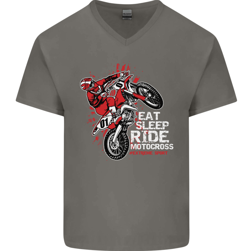 Eat Sleep Ride Motocross Dirt Bike MotoX Mens V-Neck Cotton T-Shirt Charcoal