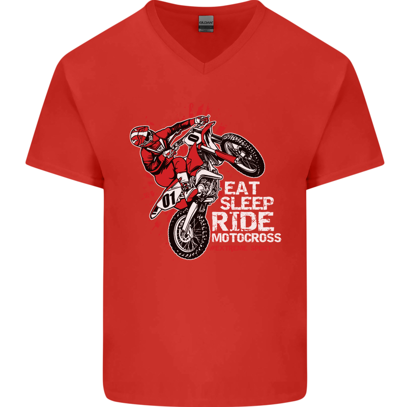 Eat Sleep Ride Motocross Dirt Bike MotoX Mens V-Neck Cotton T-Shirt Red